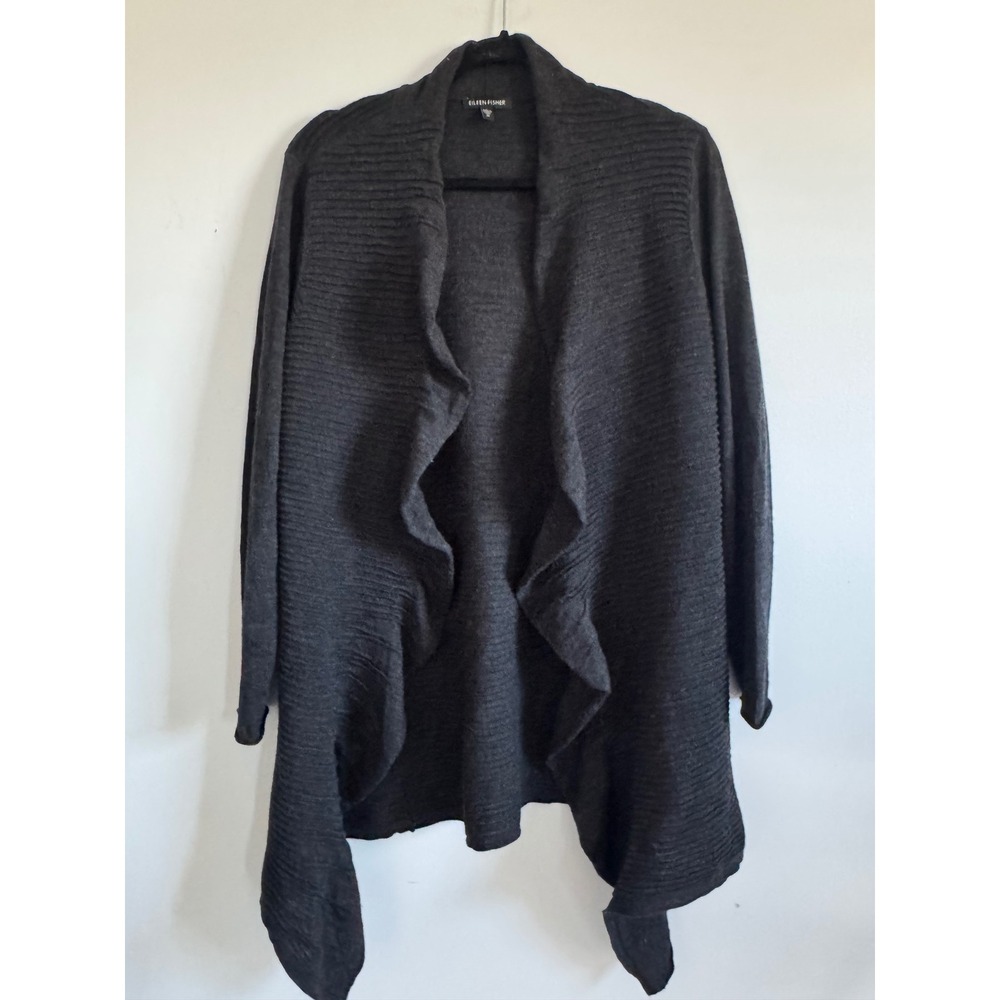 Eileen‎ Fisher Merino Wool Cardigan Charcoal Gray Ribbed Waterfall Draped Medium